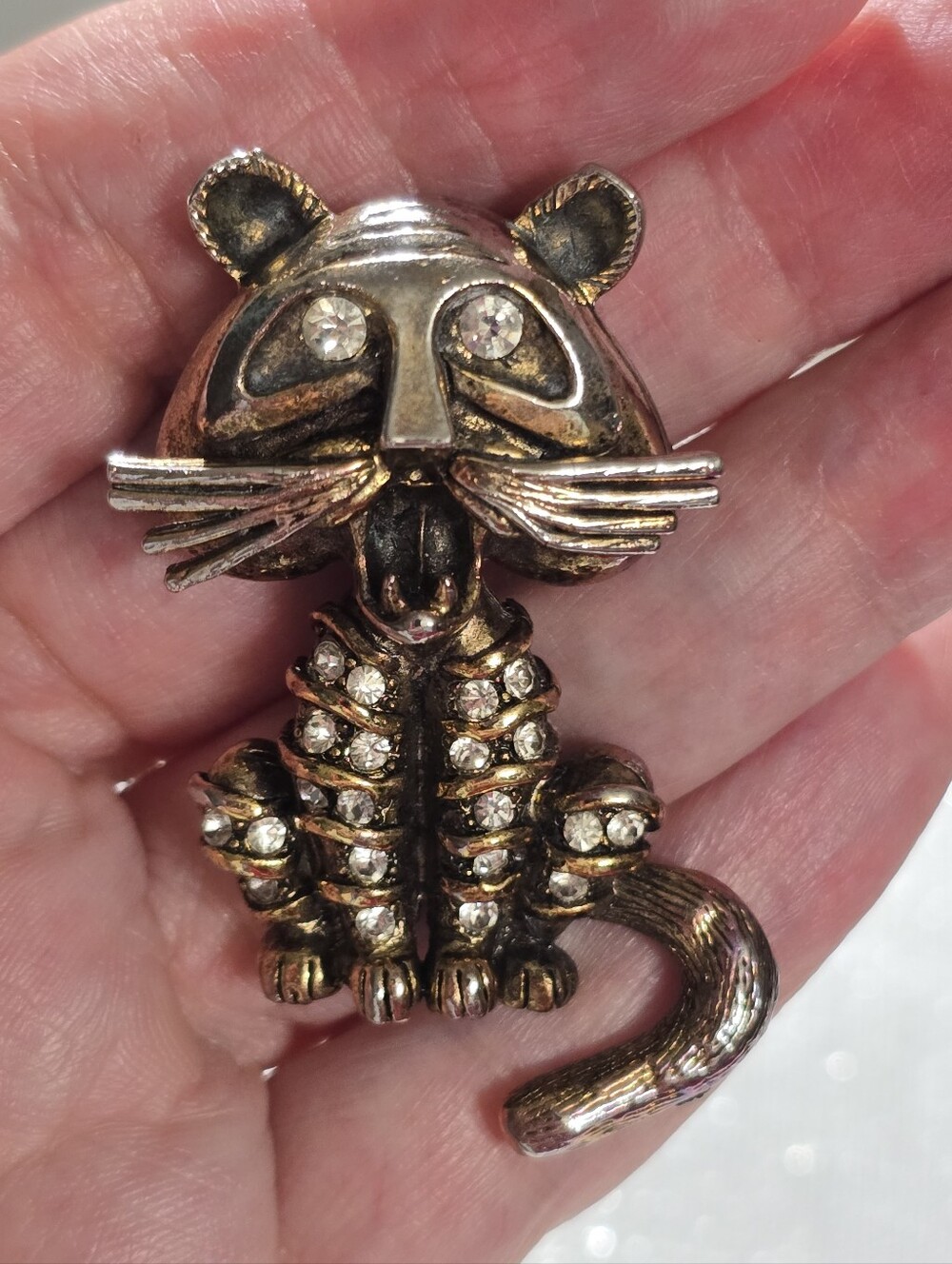 Vintage Rare Hollycraft Tiger Cat Gold Tone Rhinestones Brooch